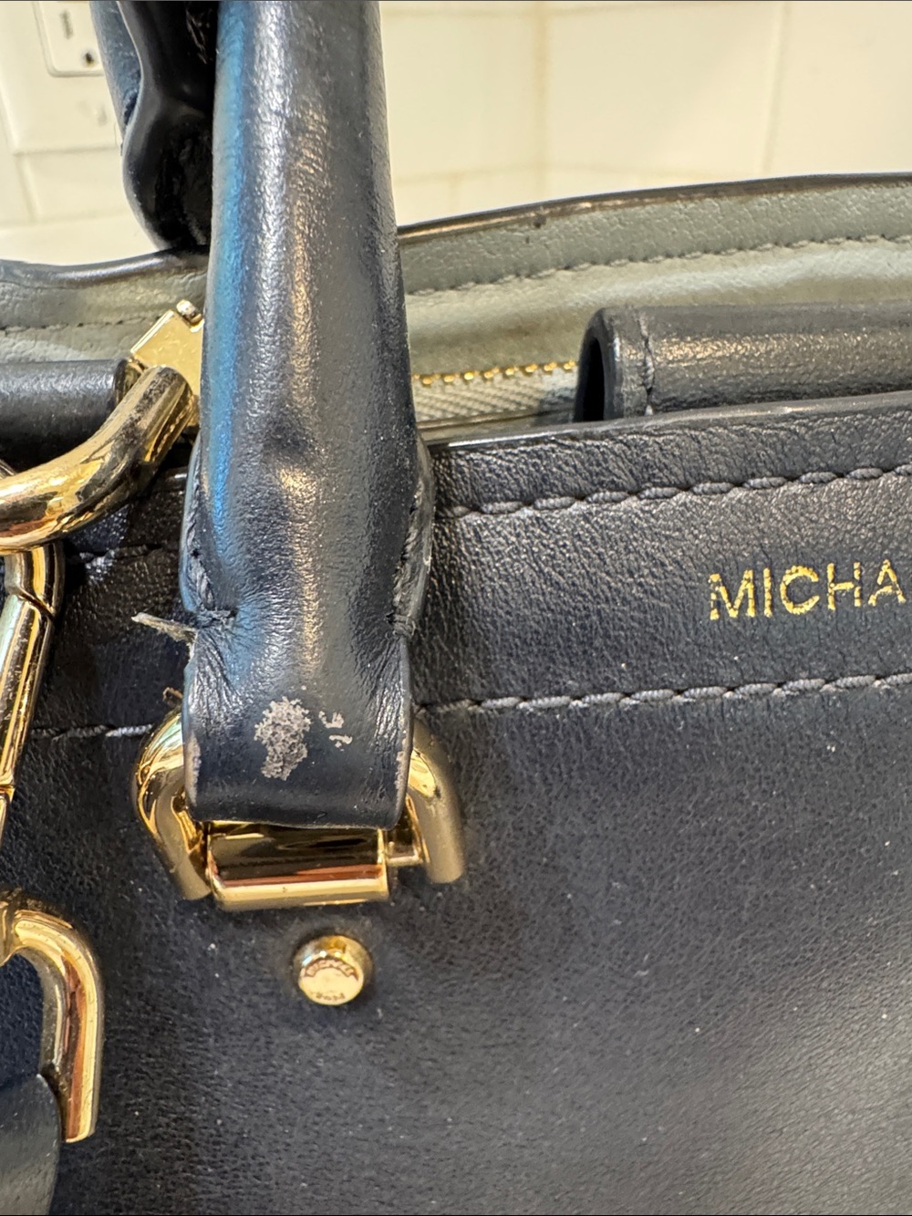 Michael Kors Navy Leather Satchel with Gold Hardware - Picture 6 of 16